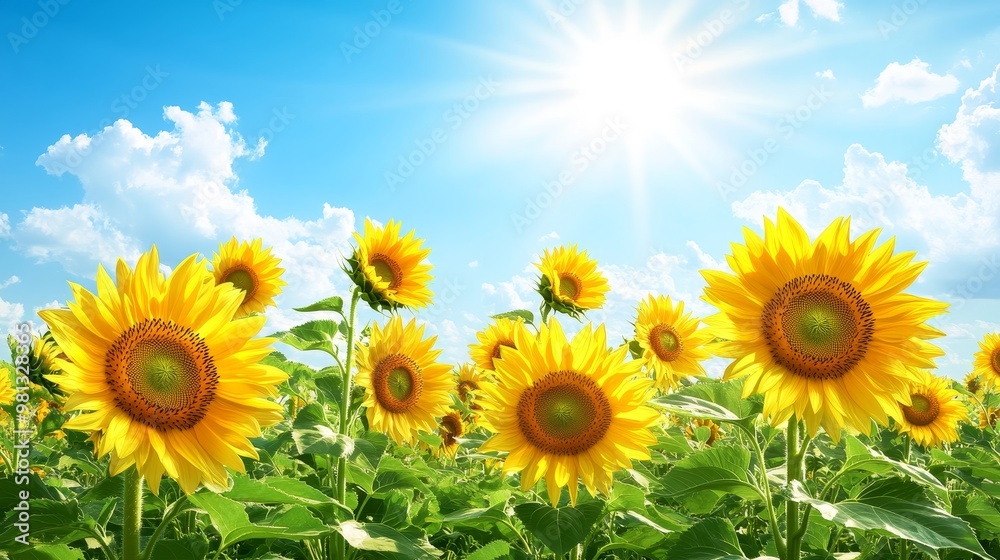 Obraz premium Vibrant Sunflower Field Illustration under Sunny Sky