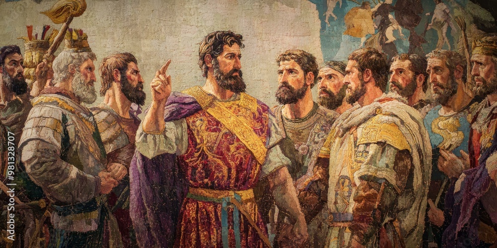 Naklejka premium A tapestry depicts a group of men in elaborate clothing.