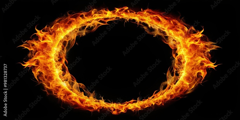 Ring of fire burning brightly against black backdrop, intense, hot, fiery, flames, isolated, dynamic, energy, passion, inferno