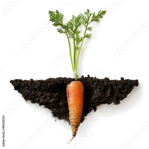 carrot growing in soil cross-section on white background