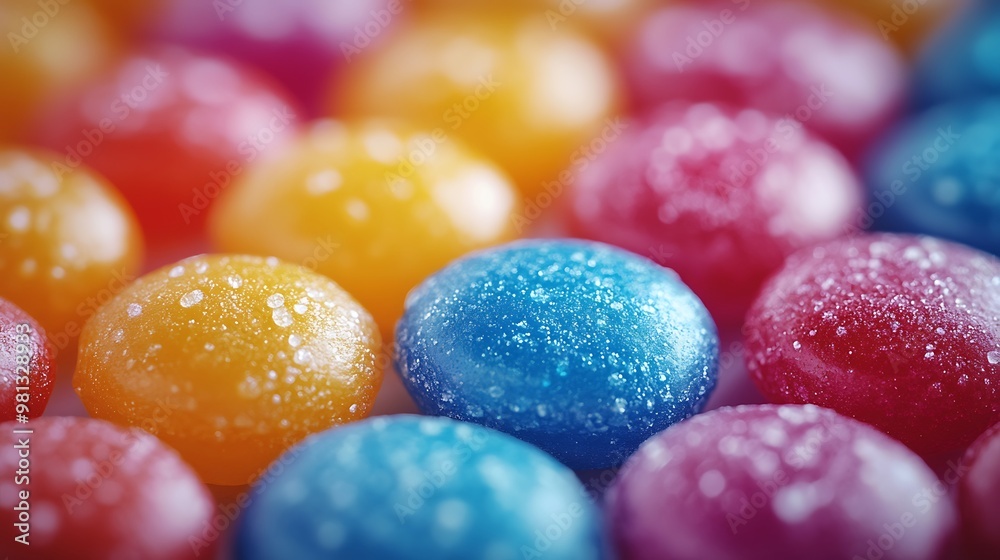Close up of colorful, round candies with white sugar crystals. Close up of colorful, round candies with white sugar crystals.