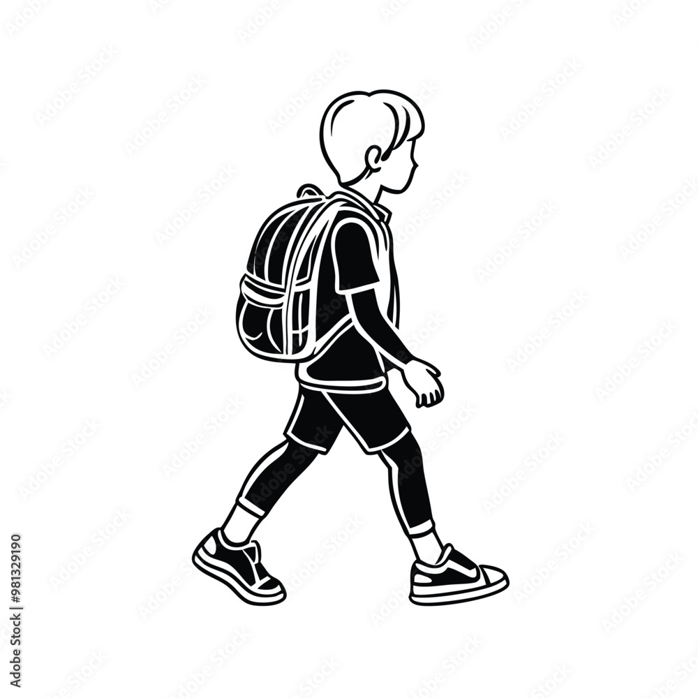Fototapeta premium a boy walking with a backpack a School kid walking, vector silhouette, isolated white background