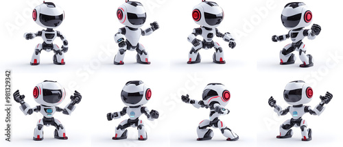 collection of robots in different poses on white background