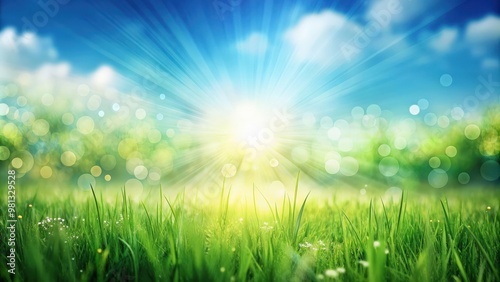 Sunny spring meadow blur background with blue sky to green grass gradient, spring, meadow, sunny, blur, background