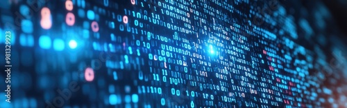 A dynamic representation of binary code flowing in a blue technology environment