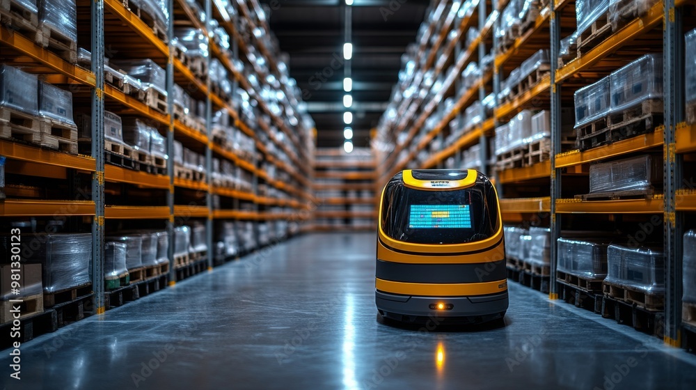 A sustainable warehouse featuring an autonomous robot in action during daylight hours A sustainable warehouse featuring an autonomous robot in action during daylight hours