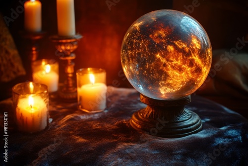 Haunting Secrets Revealed: An Eerie Crystal Ball SurroundedFlickering Candles