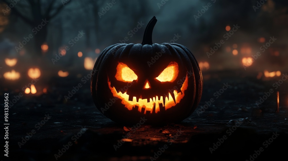 Glowing jack-o'-lantern in a foggy Glowing jack-o'-lantern in a foggy