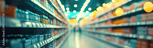 Glimpse of a supermarket aisle featuring shelves filled with products and soft bokeh lighting