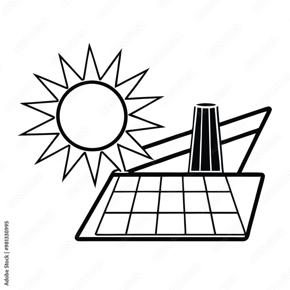 a Energy of sun with ecology power station, vector black color silhouette, isolated white background a Energy of sun with ecology power station, vector black color silhouette, isolated white background