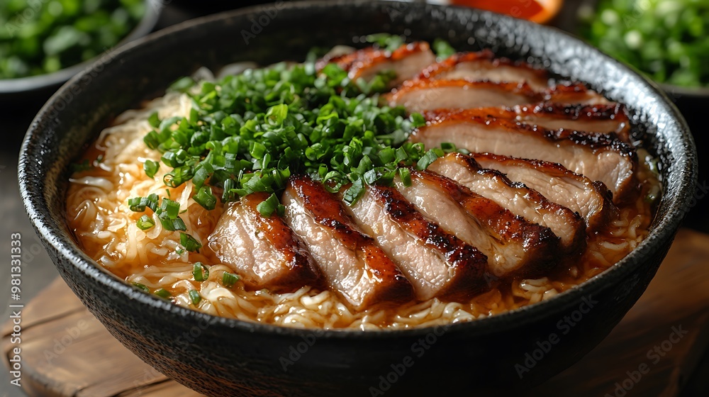 Close up of a bowl of ramen with pork and green onions. Close up of a bowl of ramen with pork and green onions.