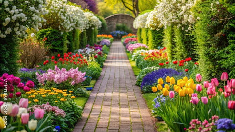 Tranquil walkway lined with blooming flowers in a luscious garden , Garden, Pathway, Walkway, Flowers, Blooms, Spring Tranquil walkway lined with blooming flowers in a luscious garden , Garden, Pathway, Walkway, Flowers, Blooms, Spring