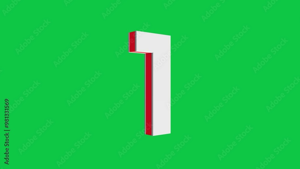 3D Number 1 logo rotating on green screen chroma key background, 4K English alphabet animation video clip