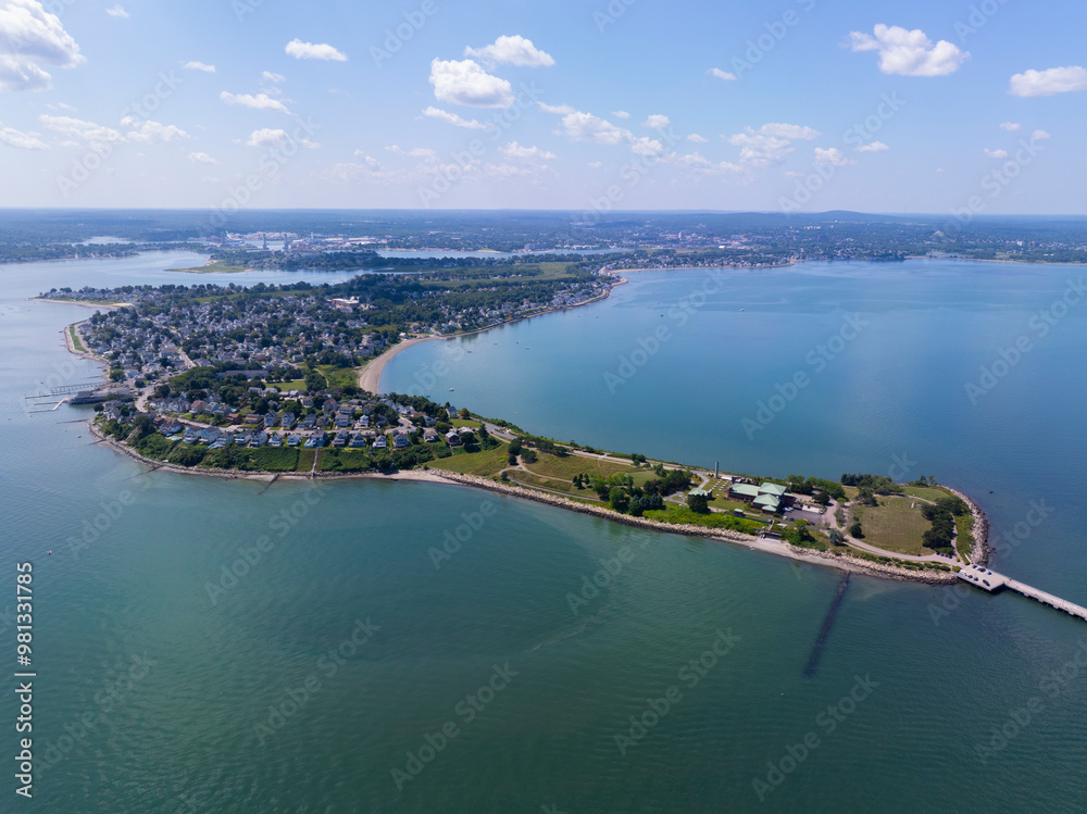 Houghs Neck and Nut Island aerial view between Weymouth Fore River and Quincy Bay in city of Quincy, Massachusetts MA, USA. Houghs Neck and Nut Island aerial view between Weymouth Fore River and Quincy Bay in city of Quincy, Massachusetts MA, USA.