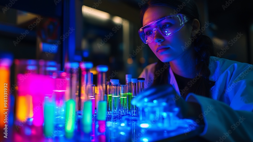 A female scientist performs an inorganic chemistry laboratory experiment involving UV light. Various colorful analytical samples are present in glass vials. A female scientist performs an inorganic chemistry laboratory experiment involving UV light. Various colorful analytical samples are present in glass vials.