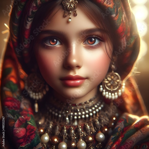 Traditional Ethnic Portrait of a Young Woman in Ornate Jewelry and Embroidered Shawl