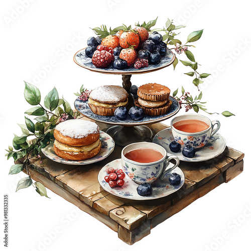 A delightful assortment of pastries and tea served on a tiered stand, perfect for afternoon gatherings and celebrations.