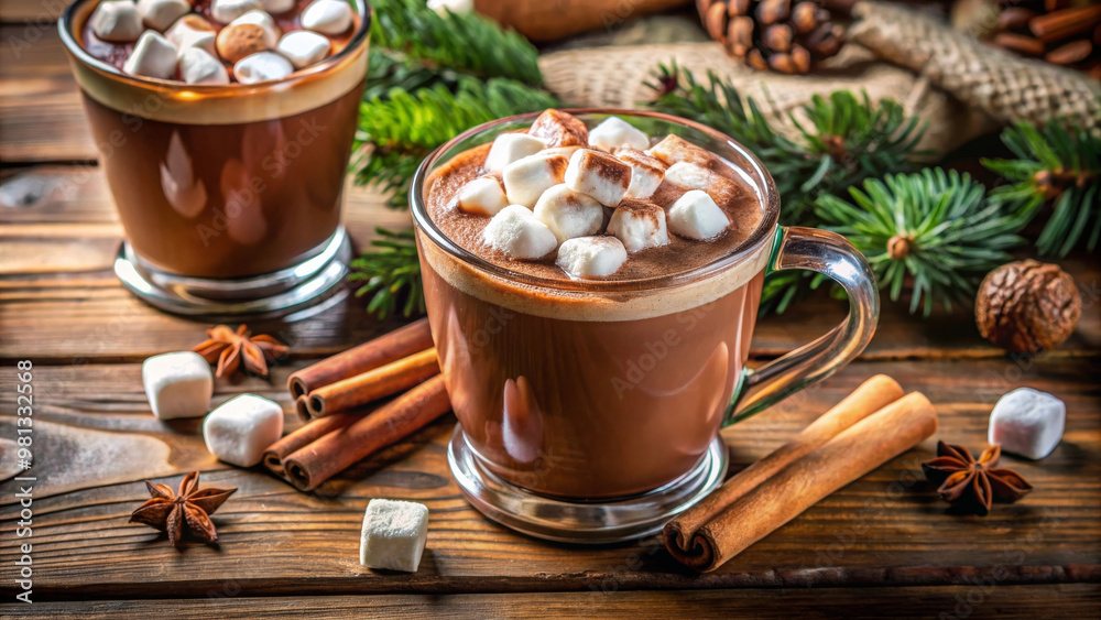 Warm and inviting hot chocolate topped with fluffy marshmallows, surrounded by festive pine and cinnamon sticks, creating cozy atmosphere perfect for winter Warm and inviting hot chocolate topped with fluffy marshmallows, surrounded by festive pine and cinnamon sticks, creating cozy atmosphere perfect for winter