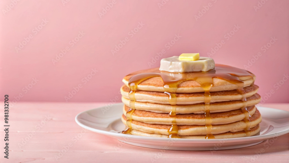 Fluffy buttermilk pancakes stacked high, drizzled with golden maple syrup and topped with pat of butter, create deliciously inviting breakfast scene Fluffy buttermilk pancakes stacked high, drizzled with golden maple syrup and topped with pat of butter, create deliciously inviting breakfast scene