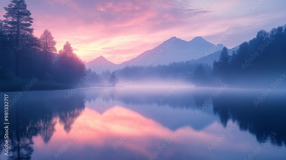 Fototapeta premium Serene Mountain Lake at Sunrise with Misty Atmosphere