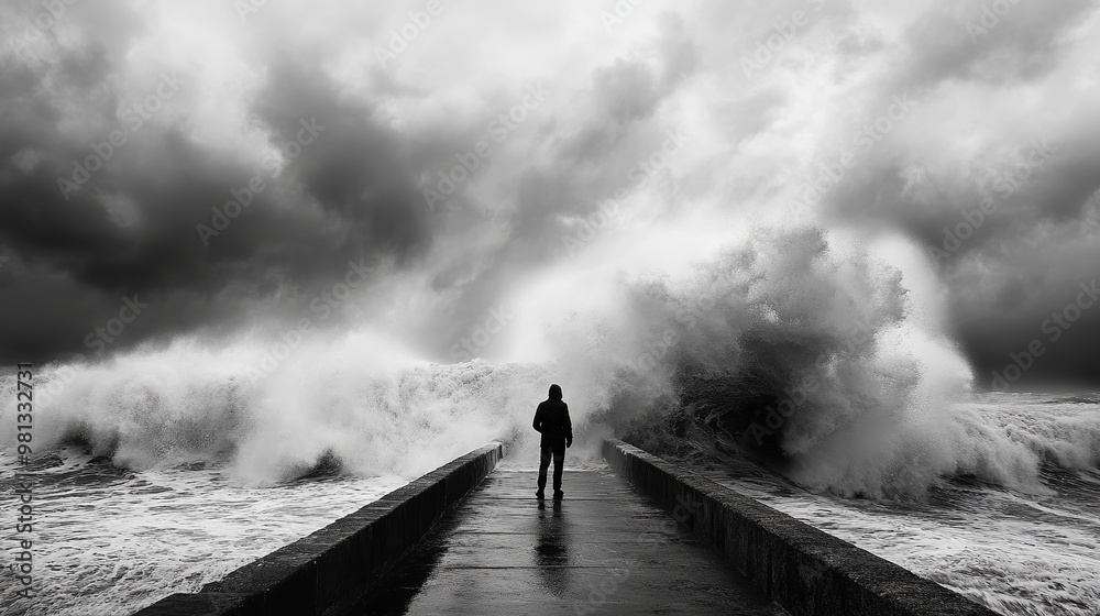 Fototapeta premium A lone man stands defiantly on a desolate pier, facing the relentless fury of a storm. As towering waves crash against the concrete, their thunderous roar fills the air. Despite the bleak weather