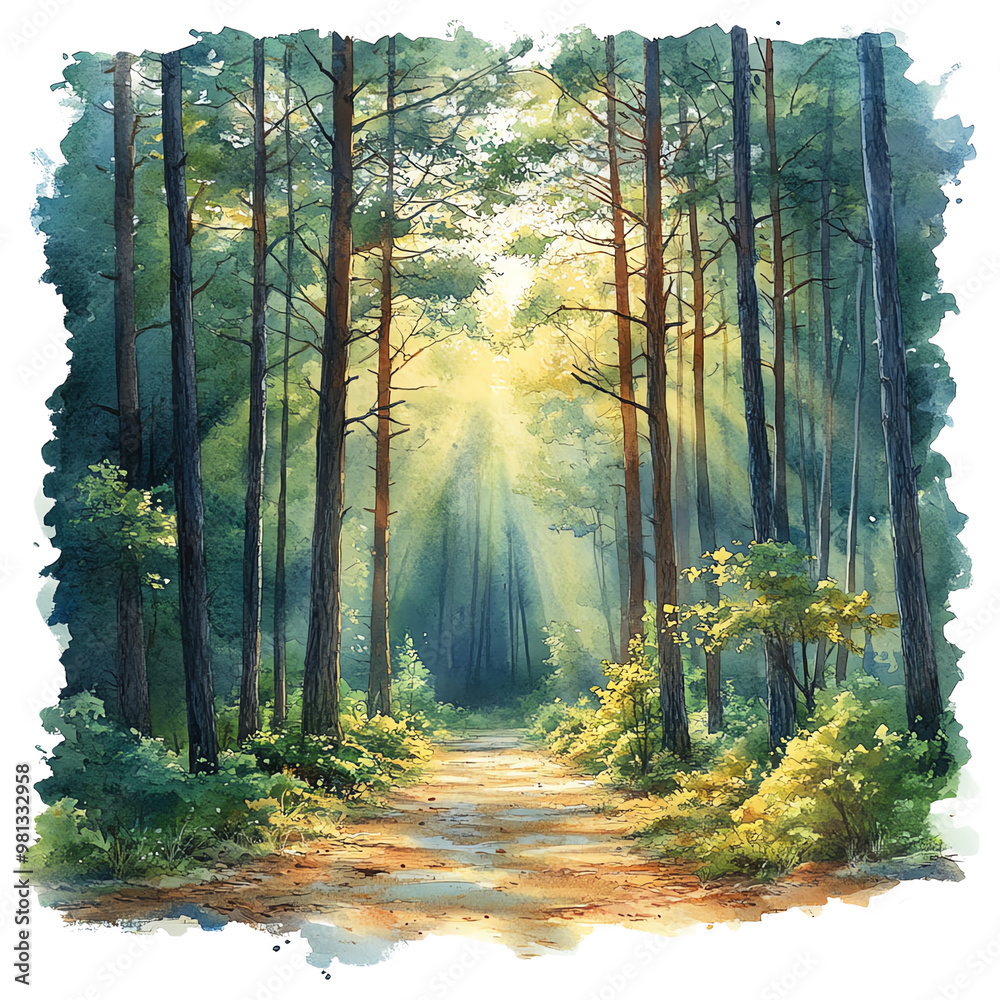 Fototapeta premium A serene forest path illuminated by soft sunlight breaking through the trees, creating a tranquil and inviting atmosphere.