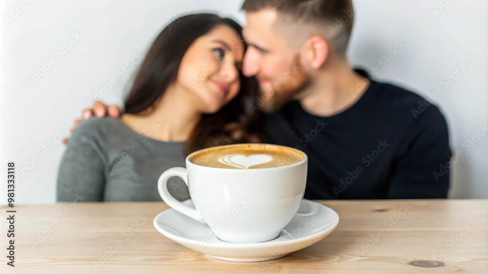 A couple enjoys moment together, with cup of coffee in focus, showcasing heart shaped latte art. warm atmosphere highlights their connection and affection A couple enjoys moment together, with cup of coffee in focus, showcasing heart shaped latte art. warm atmosphere highlights their connection and affection