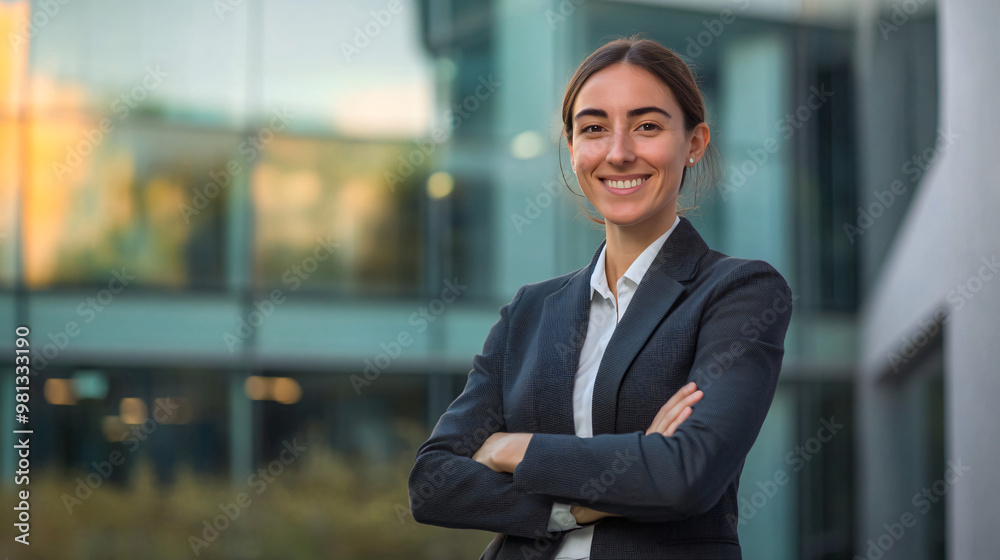 Confident businesswoman posing with folded arms in front of an office building Confident businesswoman posing with folded arms in front of an office building