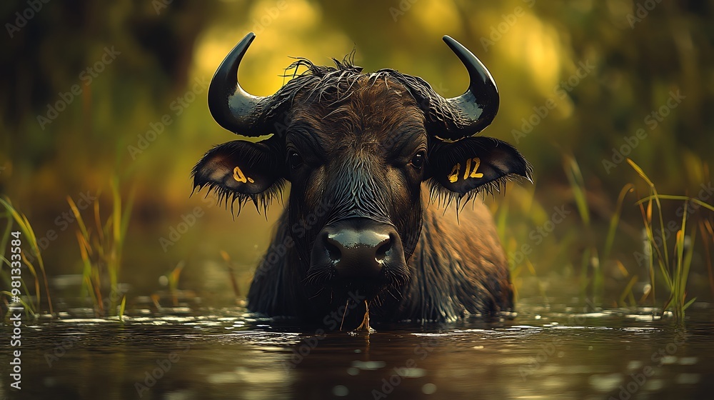 Naklejka premium A large black buffalo with horns stands in a river, its head and shoulders submerged in the water. The buffalo's dark fur is wet and glistening, and its eyes are focused on the camera.