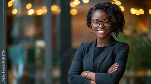 Confident young professional woman smiling with folded arms in an office setting