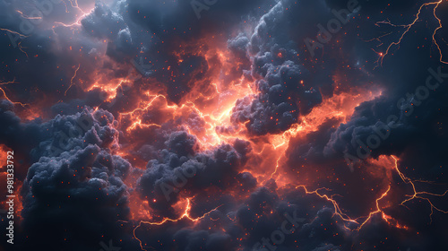 A 3D image shows lightning bolts striking through stormy clouds. The clouds are dark and full of light flashes, suggesting a dangerous thunderstorm.