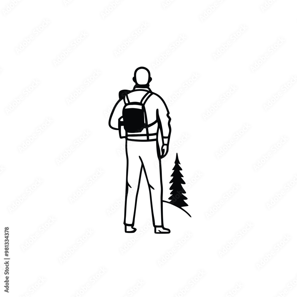 man holding camera standing on cliff of mountain in forest landscape, vector black color silhouette, man holding camera standing on cliff of mountain in forest landscape, vector black color silhouette,
