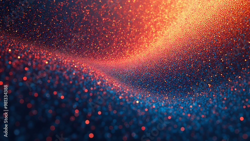 A blue and orange wavy abstract glittery background with sparly small dots of light on dark background photo