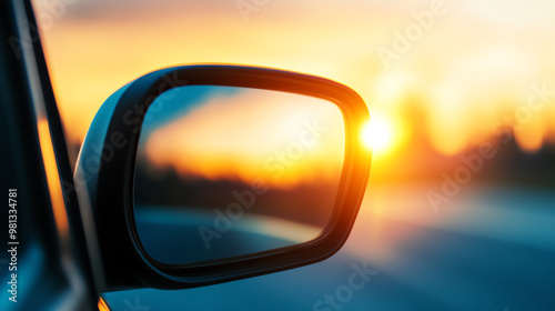 Show a modern electric cars side mirror up close, reflecting the surroundings in a glassy, detailed finish for a stunning visual impact