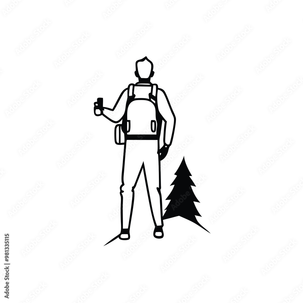 man holding camera standing on cliff of mountain in forest landscape, vector black color silhouette, man holding camera standing on cliff of mountain in forest landscape, vector black color silhouette,