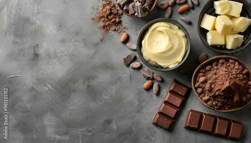 Flat lay composition with organic cocoa butter on grey table. Space for text