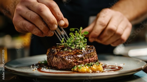 Chef Plating Gourmet Steak Dish with Microgreens - Culinary Craftsmanship - Perfect for Restaurant Menus