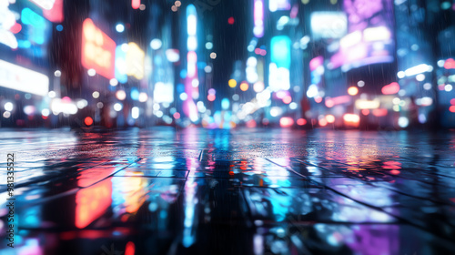 Capture a futuristic wide-angle view set in a bustling metropolis at night, with neon lights reflecting off wet streets