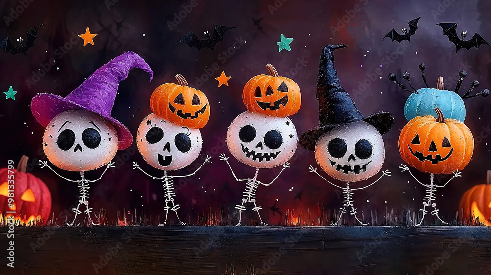 A line of pumpkins with Jack-o'-lanterns and a witch's hat A line of pumpkins with Jack-o'-lanterns and a witch's hat
