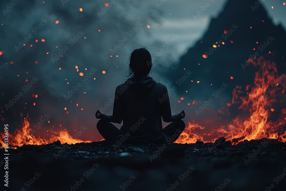 person sitting calmly in meditation while fiery, chaotic emotions swirl around them, representing controlled anger, person sitting calmly in meditation while fiery, chaotic emotions swirl around them, representing controlled anger,