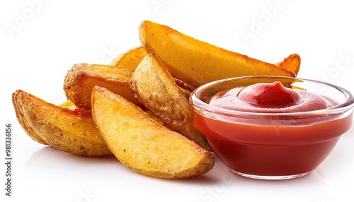 Potato wedges, skins or jojos are irregular wedge shaped slices of potato, often large and unpeeled, that are either baked or fried. isolated on white background with copy space photo