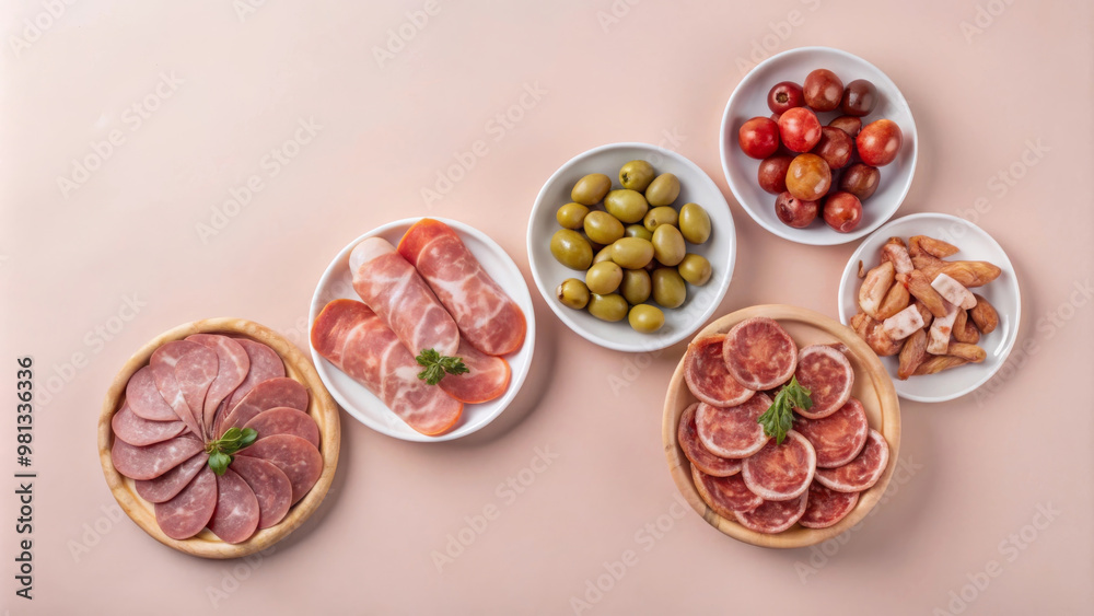 Delight in typical Spanish tapas concept featuring variety of sliced meats, olives, and fresh tomatoes, perfect for sharing and enjoying with friends
