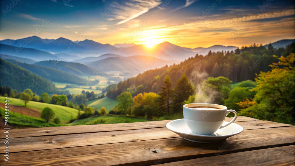A steaming coffee cup sits on wooden table, overlooking breathtaking landscape at sunrise. mountains and valleys create serene atmosphere, perfect for relaxation A steaming coffee cup sits on wooden table, overlooking breathtaking landscape at sunrise. mountains and valleys create serene atmosphere, perfect for relaxation