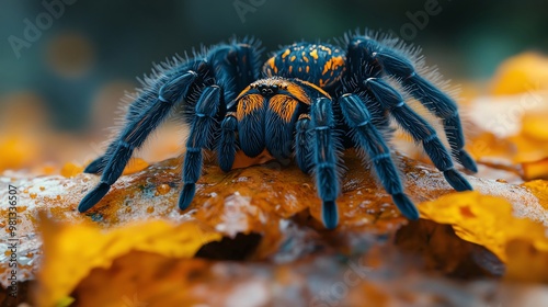 A striking close-up of a spider perched on colorful autumn leaves, showcasing its vibrant colors and intricate details.