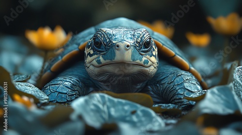 A close-up of a turtle amidst lush greenery and yellow flowers, showcasing its intricate shell and calm expression. photo