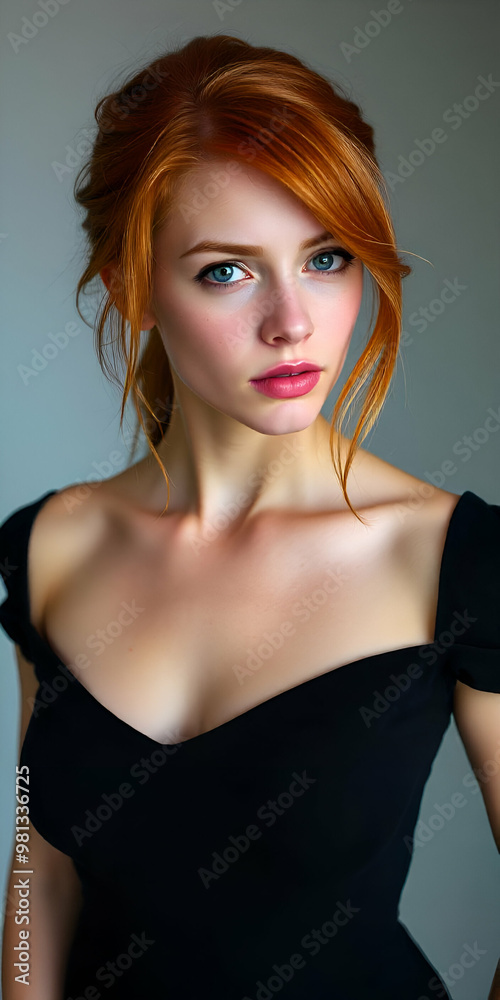 Fototapeta premium Red hair model with freckles looking at camera studio background wearing beautiful black dress