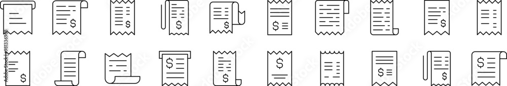 Collection of Line Icons of Store Receipt. Editable Stroke. Minimalistic Linear Pictogram for Design of Cards, Apps, Banners, Posts Collection of Line Icons of Store Receipt. Editable Stroke. Minimalistic Linear Pictogram for Design of Cards, Apps, Banners, Posts