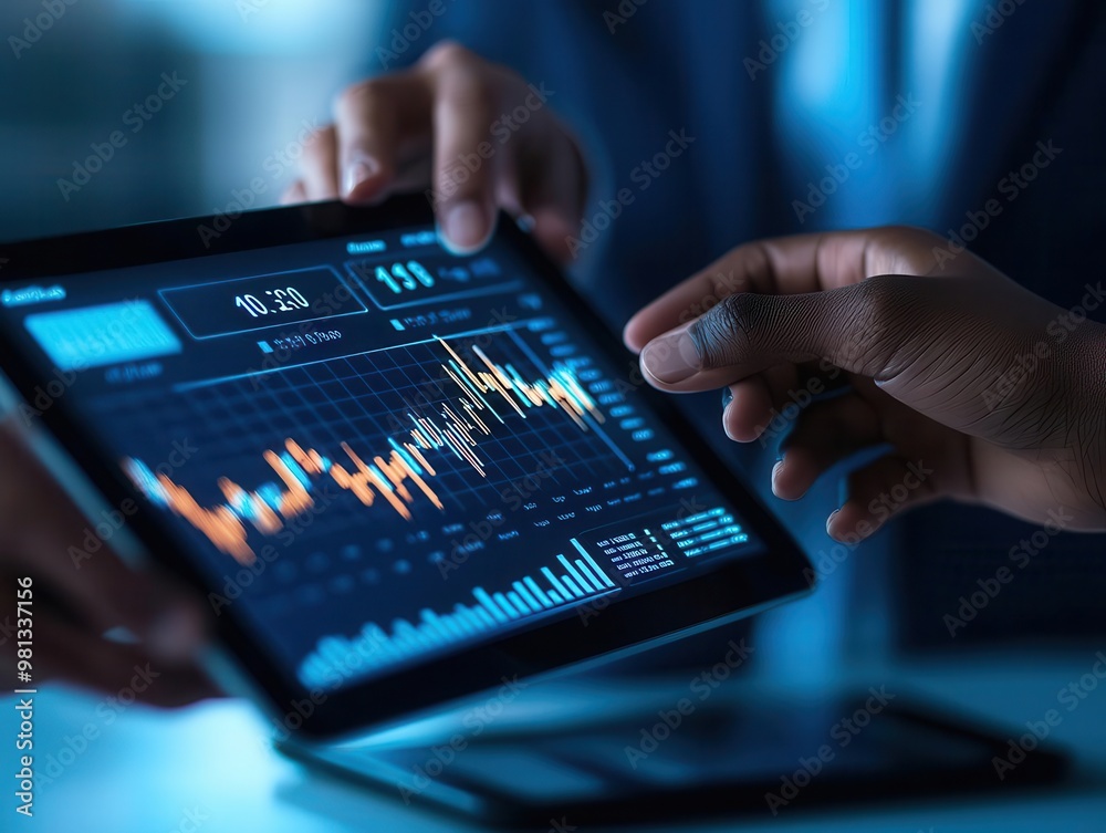 Business professionals merging digital charts on a glowing screen, symbolizing strategic integration for success Business professionals merging digital charts on a glowing screen, symbolizing strategic integration for success