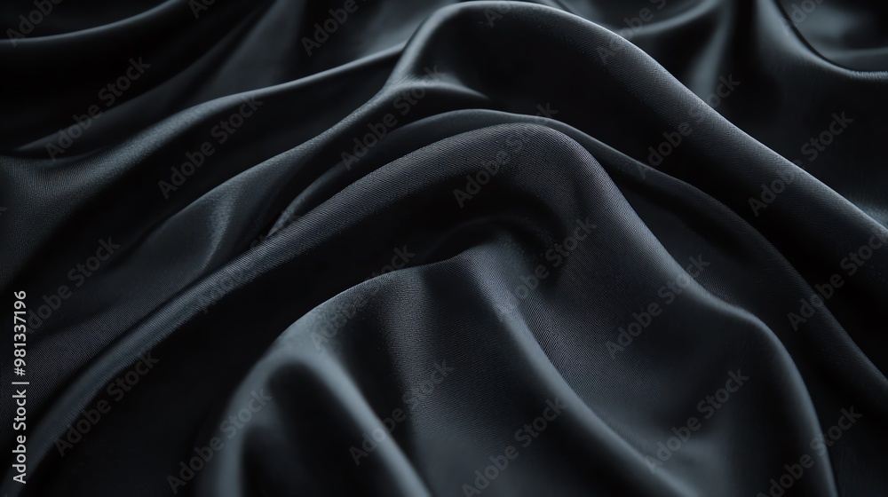 A close-up view of luxurious black silk fabric, showcasing its smooth texture and elegant drape, perfect for high-end fashion designs. A close-up view of luxurious black silk fabric, showcasing its smooth texture and elegant drape, perfect for high-end fashion designs.