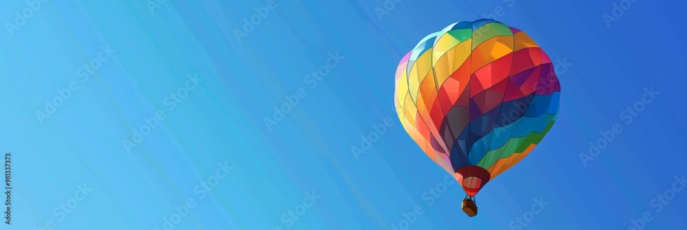 Fototapeta premium Floating high in a clear blue sky, a colorful hot air balloon offers a bright and tranquil travel experience, perfect for a serene adventure above the clouds, optimism concept, banner